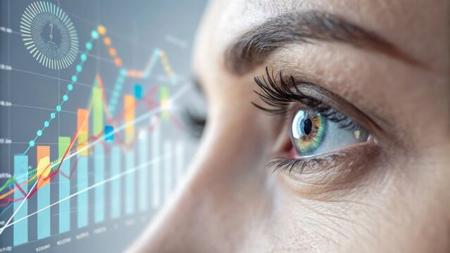 a close-up of a woman's eye reflecting data and chart