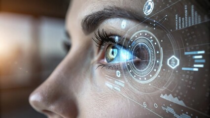 futuristic augmented reality interface is displayed on a woman's eye, with a close-up view of the eye showcasing the integration of technology and human vision