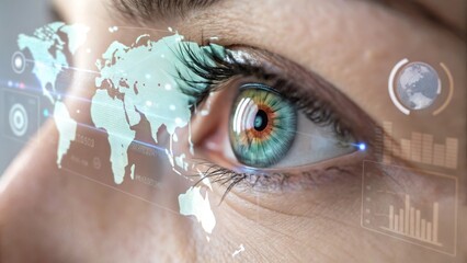 a close-up view of a human eye overlaid with a holographic map of the world. A symbol of the future of information and connection. The iris is green with visible detailed textures 
