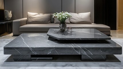 A chic interior featuring a sleek, modern coffee table that adjusts for different uses