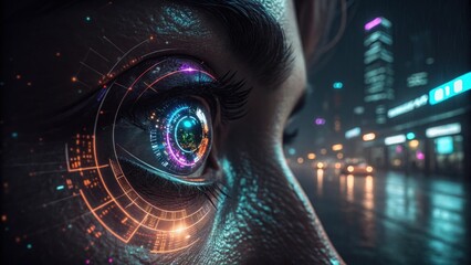 Futuristic eye with data overlay, looking out into a night city scene.  The eye has glowing circuits and a cybernetic look.