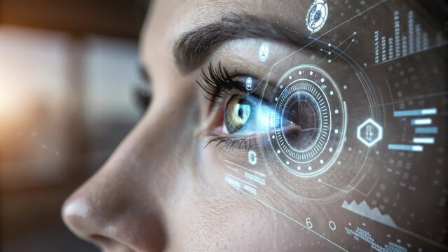 futuristic augmented reality interface is displayed on a woman's eye, with a close-up view of the eye showcasing the integration of technology and human vision - Powered by Adobe
