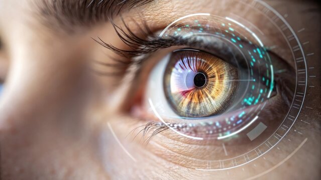 Eye with digital futuristic interface, focused on the human eye