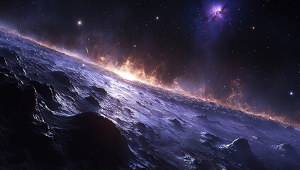 Naklejka premium Alien Planet Surface Dramatic Cosmic Landscape with Fiery Nebula