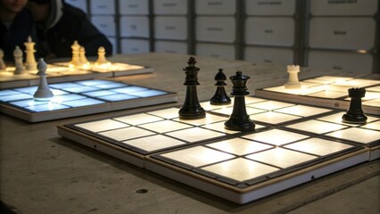 Illuminated chess board with pieces ready for game. Two chessboards are set up on a table, illuminated from underneath, ready for an engaging game