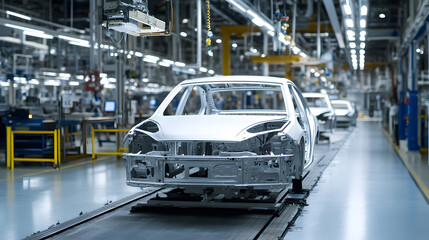 Naklejka premium car assembly line showcasing white car frames in modern factory setting, highlighting advanced manufacturing process and technology used in vehicle production