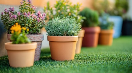 Fototapeta premium A close-up of artificial grass with different types of potted plants placed on it