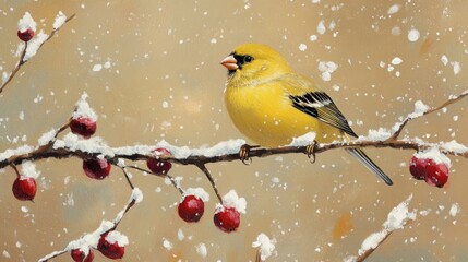 Fototapeta premium American Gold Finch on Snow-covered Tree Branch in Winter Nature Scene