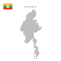 Myanmar map from pattern of black slanted parallel lines. Flat vector illustration isolated on white