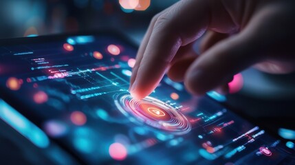 Obraz premium Person's hand touching digital tablet screen with glowing data, futuristic technology, innovation, and communication concepts.