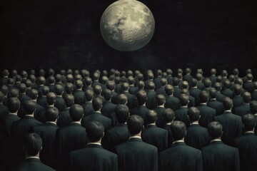 Obraz premium Crowd of Identical Men in Suits Under Full Moon, Surreal Night Scene, Eerie Atmosphere, Uniformity Concept