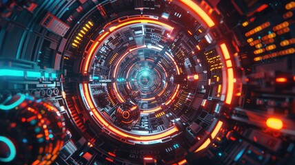 Obraz premium Abstract picture of mysterious geometric shape portal with digital style neon light glowing to leading, create futuristic visual ideal for design science fiction wallpaper or cyberpunk graphic. AIG53.