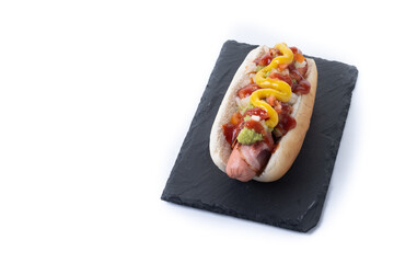 Sonoran hot dog. Traditional Mexican hot dog isolated on white background. Copy space