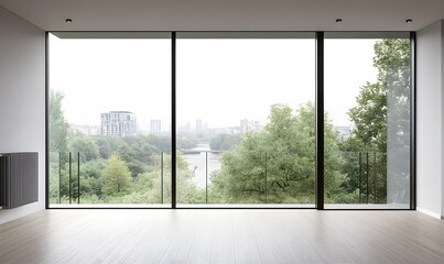 Fototapeta premium Minimalist modern apartment interior with floor-to-ceiling windows. Generative AI