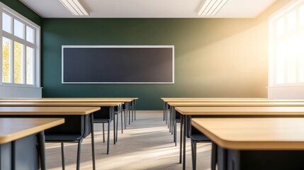 Bright and modern classroom with empty desks and chalkboard, sunlight streaming through windows