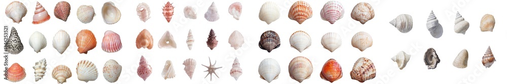 Poster a set of seashells is prominently displayed on a minimalist background in a watercolor hand drawing 
