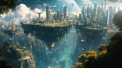 Obraz premium Conscious Living Dimension: A Floating City Where Inhabitants Embrace Sustainability and Harmony with Nature.