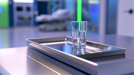 Naklejka premium Clear glass of water on a metal tray in a modern medical facility with blurred background