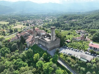 Aerial view of Malgrate village an his the Malaspina castle. Malgrate, Villafranca in Lunigiana, Massa Carrara, Italy. 