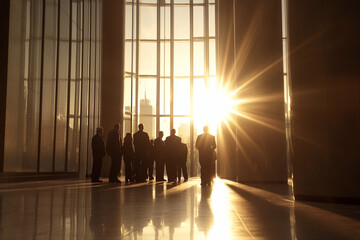 Executives collaborate at sunset in a modern office