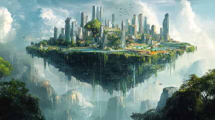 Naklejka premium Conscious Living Dimension: A Floating City Where Inhabitants Embrace Sustainability and Harmony with Nature.