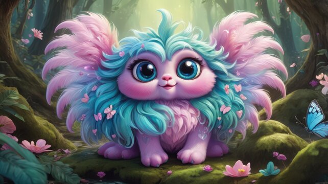 A cute, brightly-colored fantasy creature sits in a mystical forest. Surrounded by magical glowing plants and serene forest ambiance, this enchanting image conveys fantasy, joy, and whimsy.