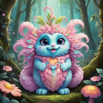 A cute, brightly-colored fantasy creature sits in a mystical forest. Surrounded by magical glowing plants and serene forest ambiance, this enchanting image conveys fantasy, joy, and whimsy.