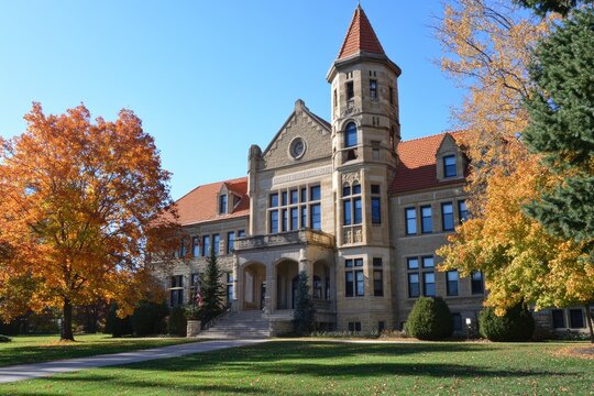 Appleton Wisconsin - Lawrence University Building with Autumn Park and Nature Landscape