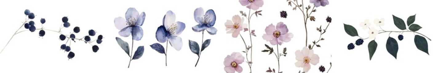 Isolated on a white background, a watercolor botanical illustration features ripe blackberries on a branch, complete with floral design elements