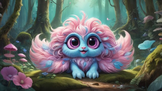 A cute, brightly-colored fantasy creature sits in a mystical forest. Surrounded by magical glowing plants and serene forest ambiance, this enchanting image conveys fantasy, joy, and whimsy.