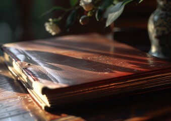 Fototapeta premium Sunlight illuminating an embossed leather journal.