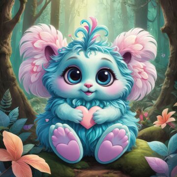 A cute, brightly-colored fantasy creature sits in a mystical forest. Surrounded by magical glowing plants and serene forest ambiance, this enchanting image conveys fantasy, joy, and whimsy.