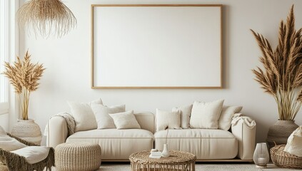 Beige, neutral living room with boho decor