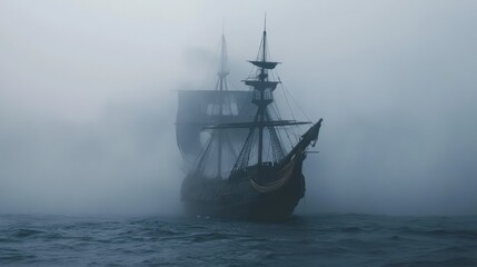 Sailing ship in dense fog at sea.