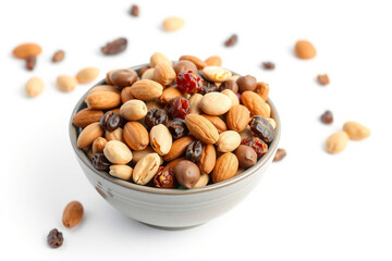 Healthy trail mix image featuring almonds, peanuts, raisins, and chocolate candies, fast-food image isolated white background