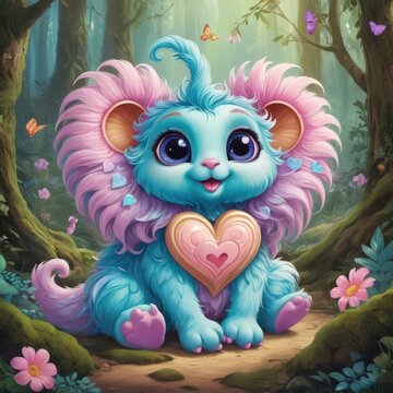 A cute, brightly-colored fantasy creature sits in a mystical forest. Surrounded by magical glowing plants and serene forest ambiance, this enchanting image conveys fantasy, joy, and whimsy.