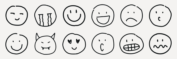 Hand-drawn emoticons with various expressions like happy, sad, and angry. Simple line art of emoticons, each showing different emotions and moods. Hand drawn social media icons, vector set.