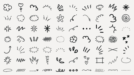Collection of hand-drawn doodles including arrows, clouds, and stars. Simple, playful designs in black on a white background. Ideal for creative projects. Black hand drawn elements, vector set.