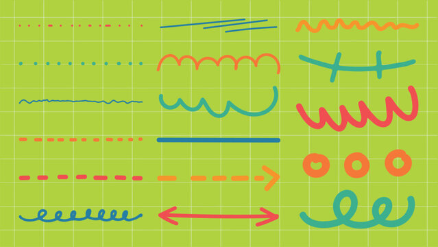 Colorful squiggles and lines on a green grid background. Wavy lines, straight lines, and arrows in blue, red, and orange. Abstract, playful design with squiggles. Colorful doodle elements, vector set.