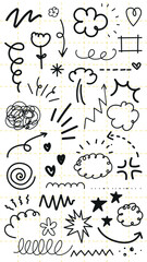 Collection of doodles with clouds, spirals, and arrows. Doodles include stars, flowers, and zigzags. Hand-drawn doodles with playful and abstract designs. Black hand drawn elements, vector set.