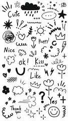 Doodle set with hearts, stars, clouds, and smiley faces. Cute and happy symbols like hearts, stars, and clouds. Fun and playful doodles with hearts and stars. Doodle and hand drawn words, vector set.