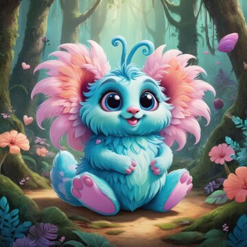A cute, brightly-colored fantasy creature sits in a mystical forest. Surrounded by magical glowing plants and serene forest ambiance, this enchanting image conveys fantasy, joy, and whimsy.