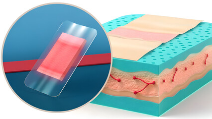 wound care products bandages Illustration of skin layers with a bandage applied, showing healing process beneath.