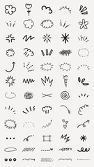 Collection of hand-drawn doodles. Doodles include arrows, swirls, and stars. Hand-drawn style with various lines and shapes. Creative doodles for design. Black hand drawn elements, vector set.