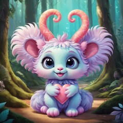 Obraz premium A cute, brightly-colored fantasy creature sits in a mystical forest. Surrounded by magical glowing plants and serene forest ambiance, this enchanting image conveys fantasy, joy, and whimsy.