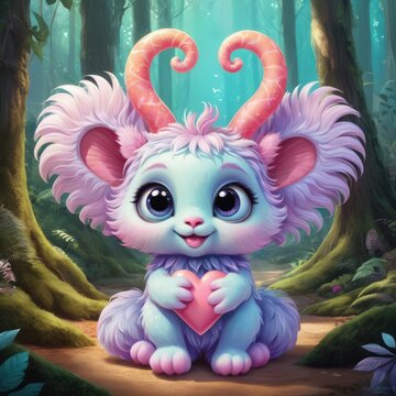 A cute, brightly-colored fantasy creature sits in a mystical forest. Surrounded by magical glowing plants and serene forest ambiance, this enchanting image conveys fantasy, joy, and whimsy.