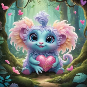 A cute, brightly-colored fantasy creature sits in a mystical forest. Surrounded by magical glowing plants and serene forest ambiance, this enchanting image conveys fantasy, joy, and whimsy.