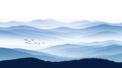 Blue Misty Mountain Range with Birds with Landscape.