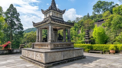 Fototapeta premium Serene Stone Pavilion Amidst Lush Greenery: A Glimpse of Tranquility in a Chinese Garden