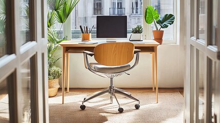 A cozy home office with a properly aligned desk and chair for comfortable working